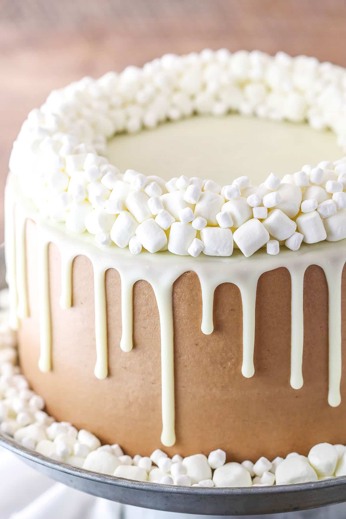 Side view of a Hot Chocolate Cake on a gray cake stand