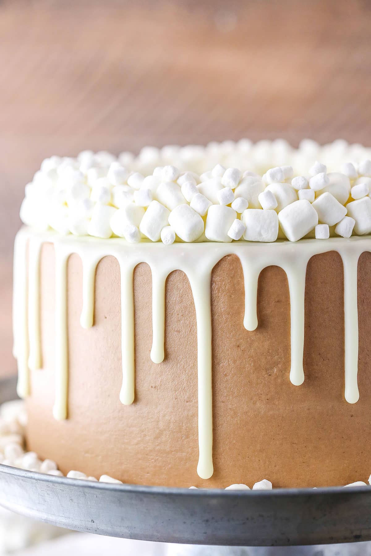 Side view of a Hot Chocolate Cake on a gray cake stand