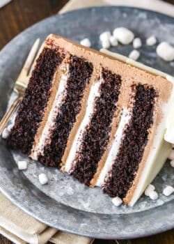 A slice of Hot Chocolate Cake next to a silver fork on a gray plate