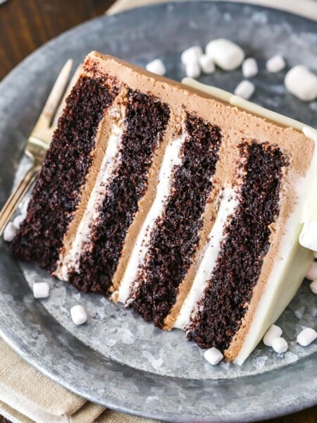 Overhead image of a slice of hot chocolate cake on a plate.