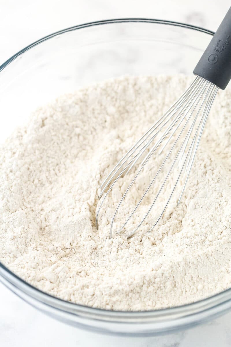 Whisking together dry ingredients for cake batter.