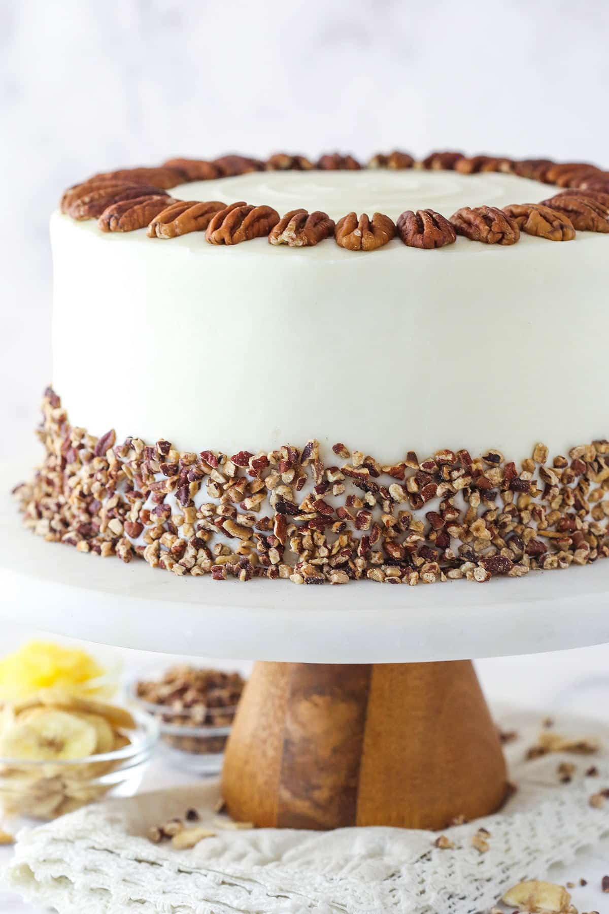 Hummingbird cake on a cake stand.