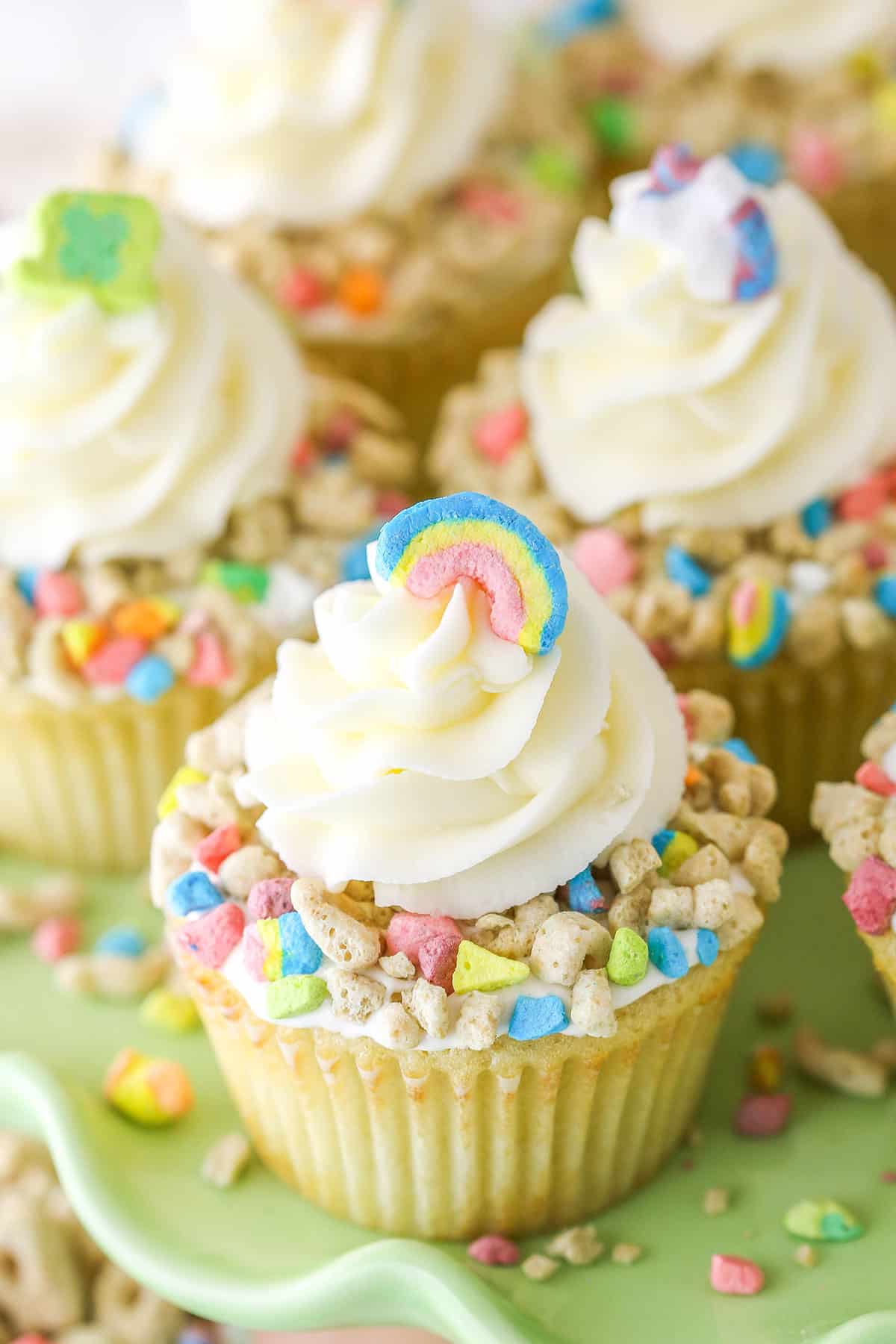 Lucky Charms Cupcakes on a light green cake stand