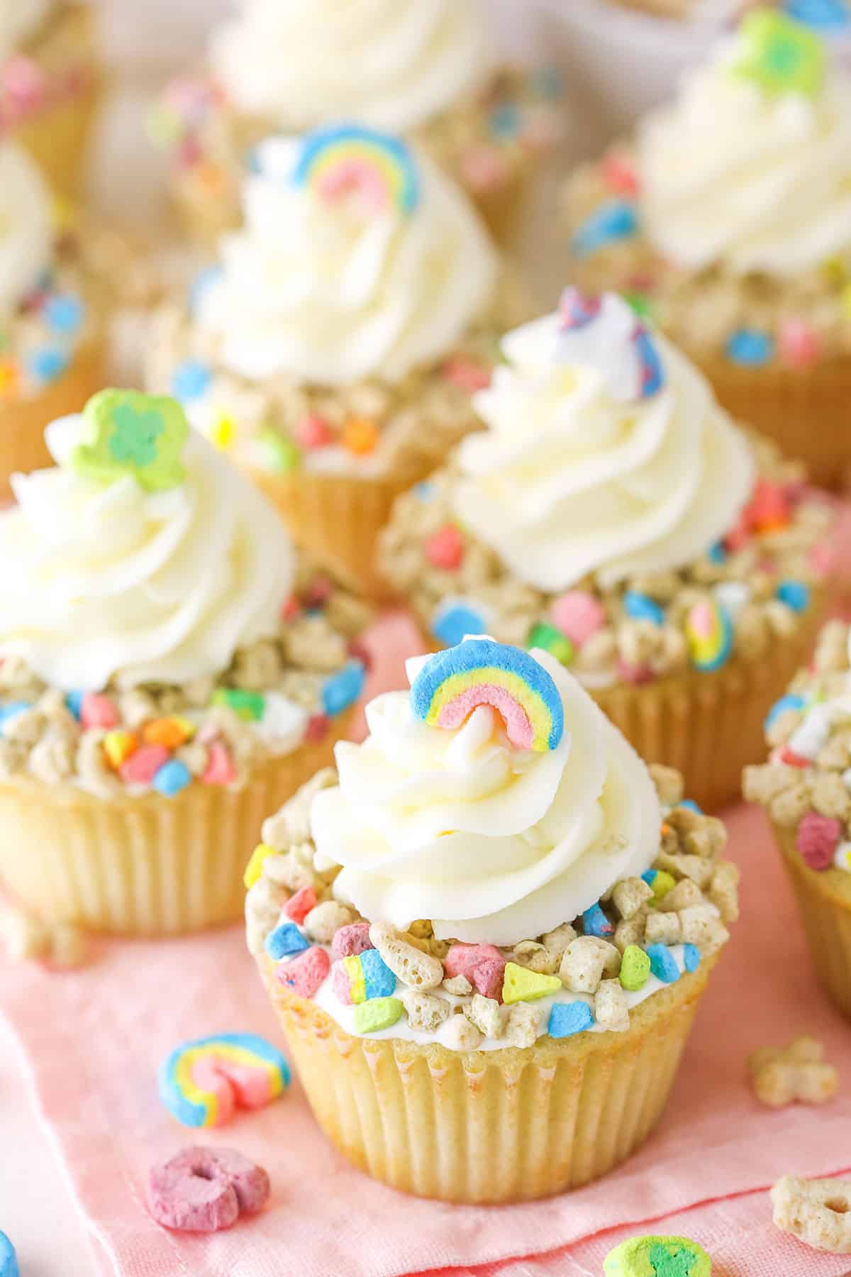 Lucky Charms Cupcakes on a light pink table cloth