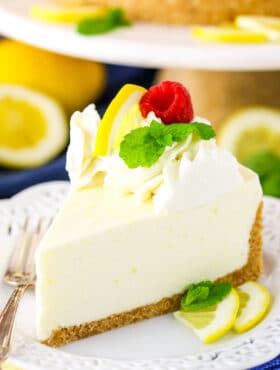 A slice of no bake lemon cheesecake on a plate.