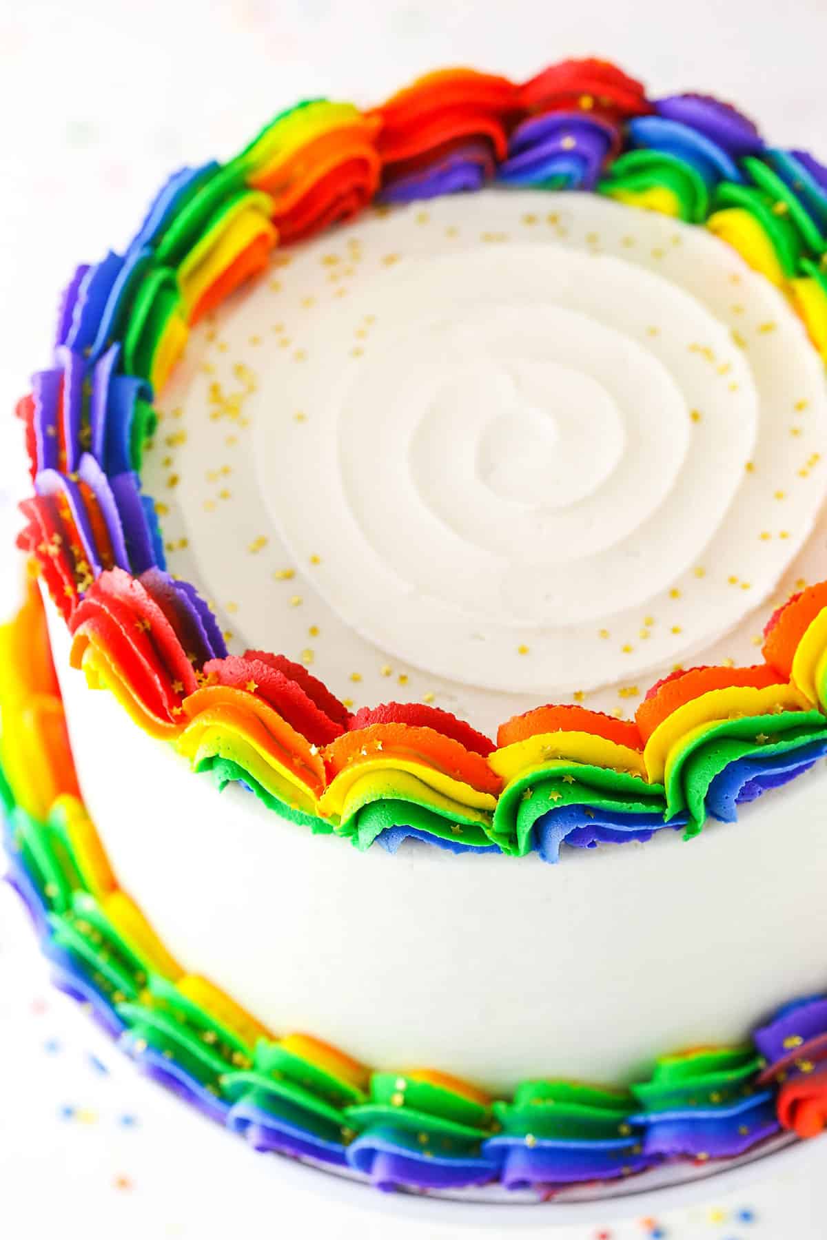 Overhead view of a full Rainbow Swirl Cake