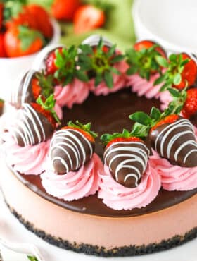 A full Chocolate Covered Strawberry Cheesecake on a white cake stand