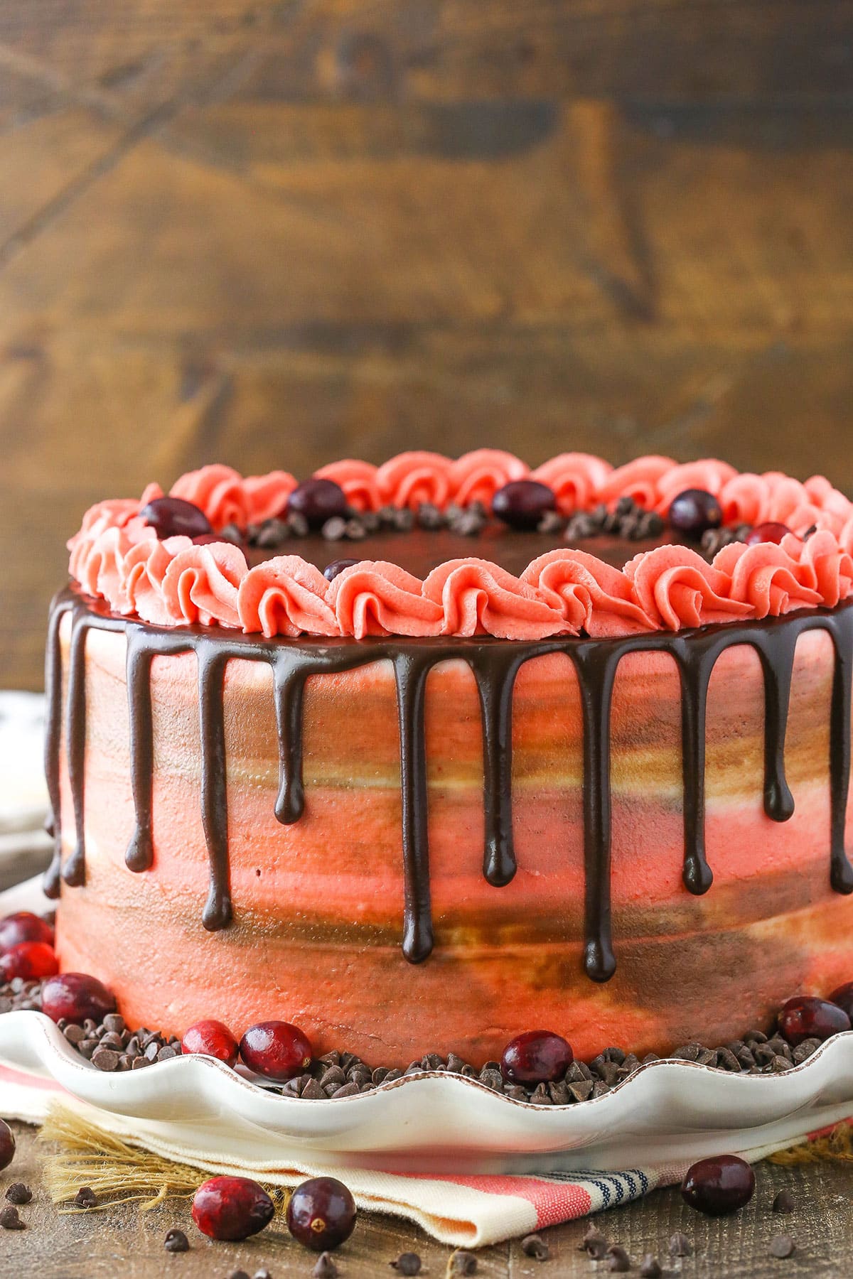 This Cranberry Fudge Layer Cake is made with a moist vanilla cake studded with fresh cranberries and filled with chocolate fudgy frosting! It's a moist, delicious cake and great for the holidays! Side view of a full Cranberry Fudge Layer Cake on a white platter