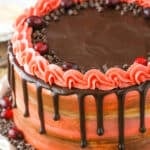 Overhead view of a Cranberry Fudge Layer Cake on a white platter