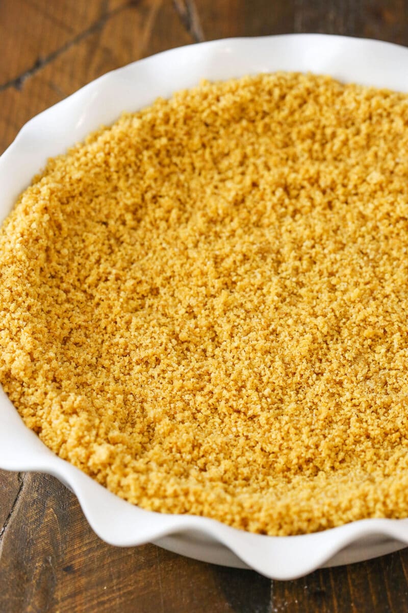 Graham cracker crust crumbs evenly spread in a white pie plate