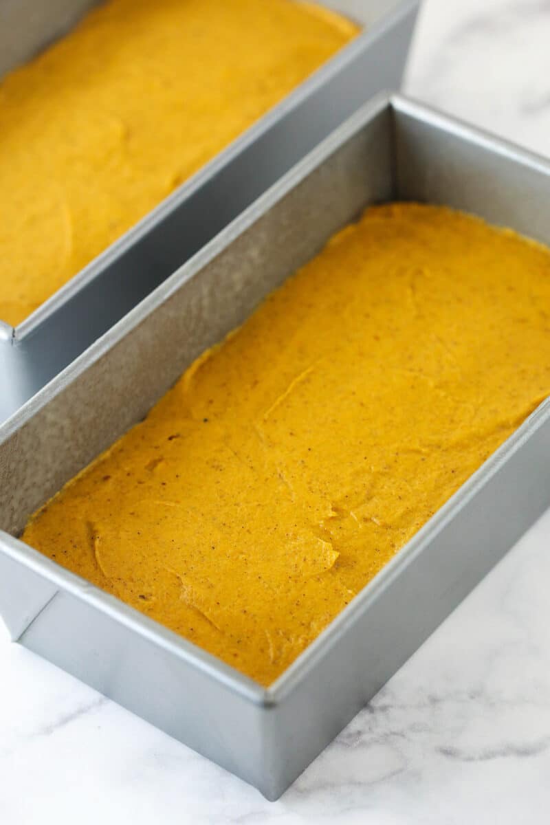 Pumpkin batter in 2 loaf pans.