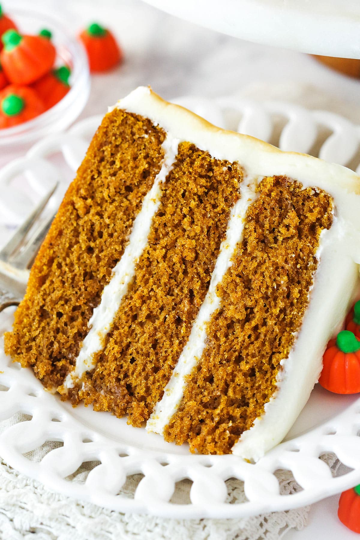 A slice of pumpkin layer cake.