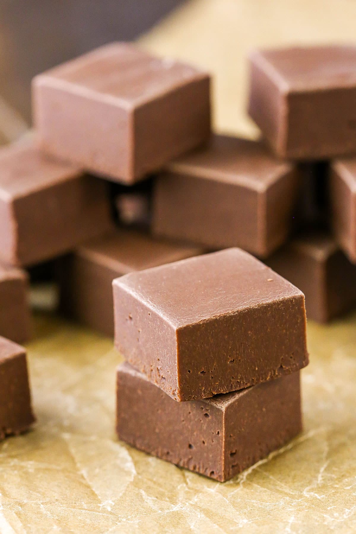 Quick and Easy Chocolate Fudge cubes stacked on a table