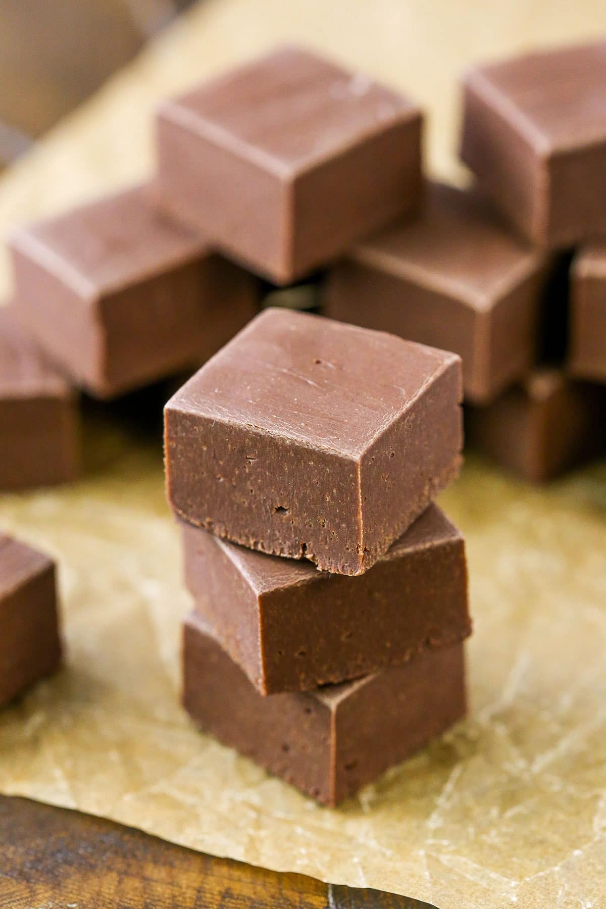 Quick and Easy Chocolate Fudge cubes stacked on a table