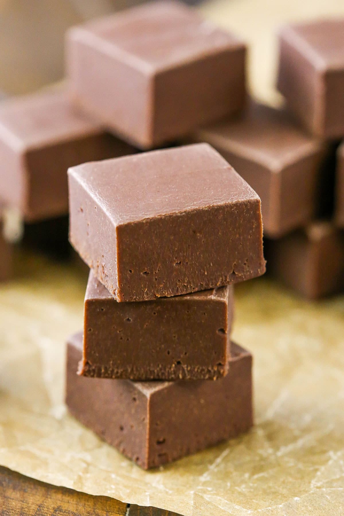 Quick and Easy Chocolate Fudge cubes stacked on a table