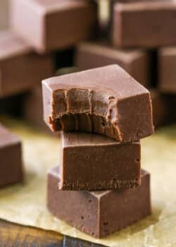 Quick and Easy Chocolate Fudge cubes stacked on a table