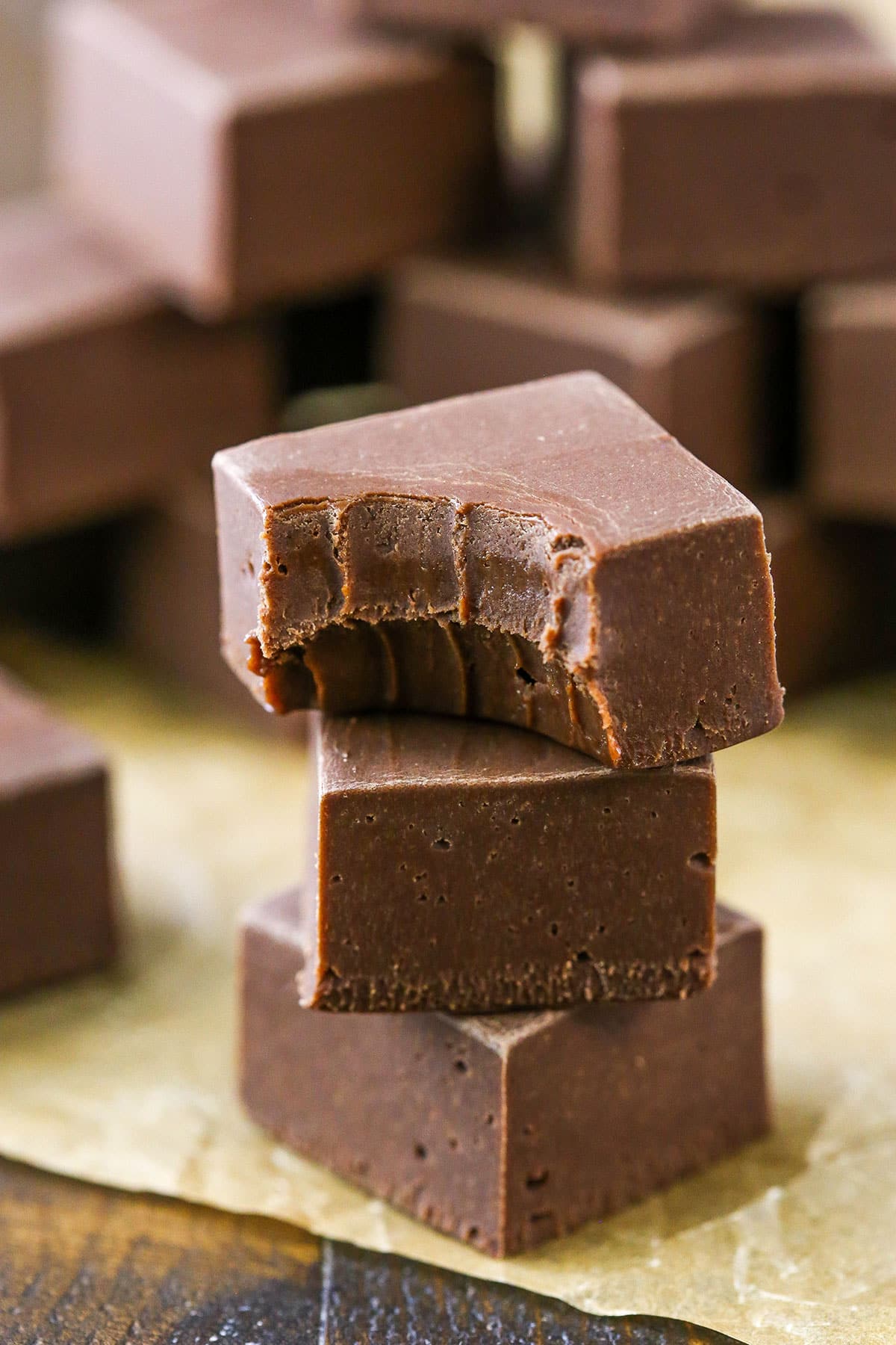 Quick and Easy Chocolate Fudge cubes stacked on a table