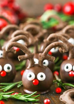 Side view of Reindeer Cookie Balls on a wooden table surrounded by rosemary