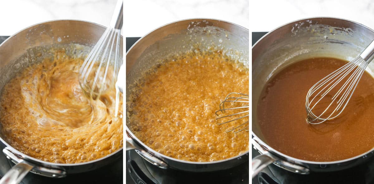 Adding heavy cream to caramel sauce and whisking in salt and vanilla extract.