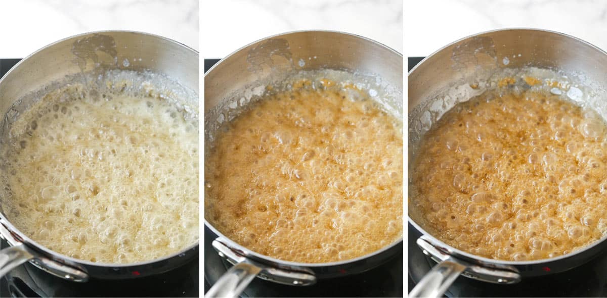 Boiling sugar dissolved in water with butter until it turns to a copper color to make caramel sauce.