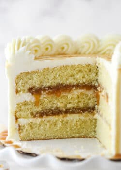 Bourbon cake with a couple of slices taken out of it.