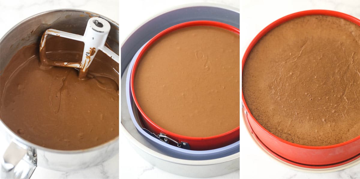 Side-by-side images of chocolate cheesecake filling in a mixing bowl, chocolate cheesecake in a springform pan in a water bath, and fully baked chocolate cheesecake.
