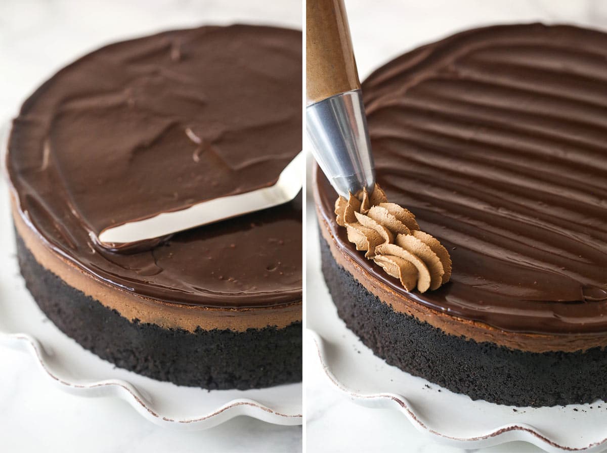 Side-by-side images of spreading chocolate ganache over chocolate cheesecake and then piping chocolate whipped cream around the top edge.