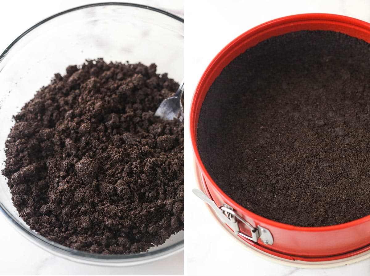Side-by-side images of making Oreo crust in a springform pan.