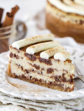 A slice of cinnamon roll cheesecake.