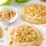 Close up of a fully decorated Copycat Crumbl Apple Crumb Cake Cookie.