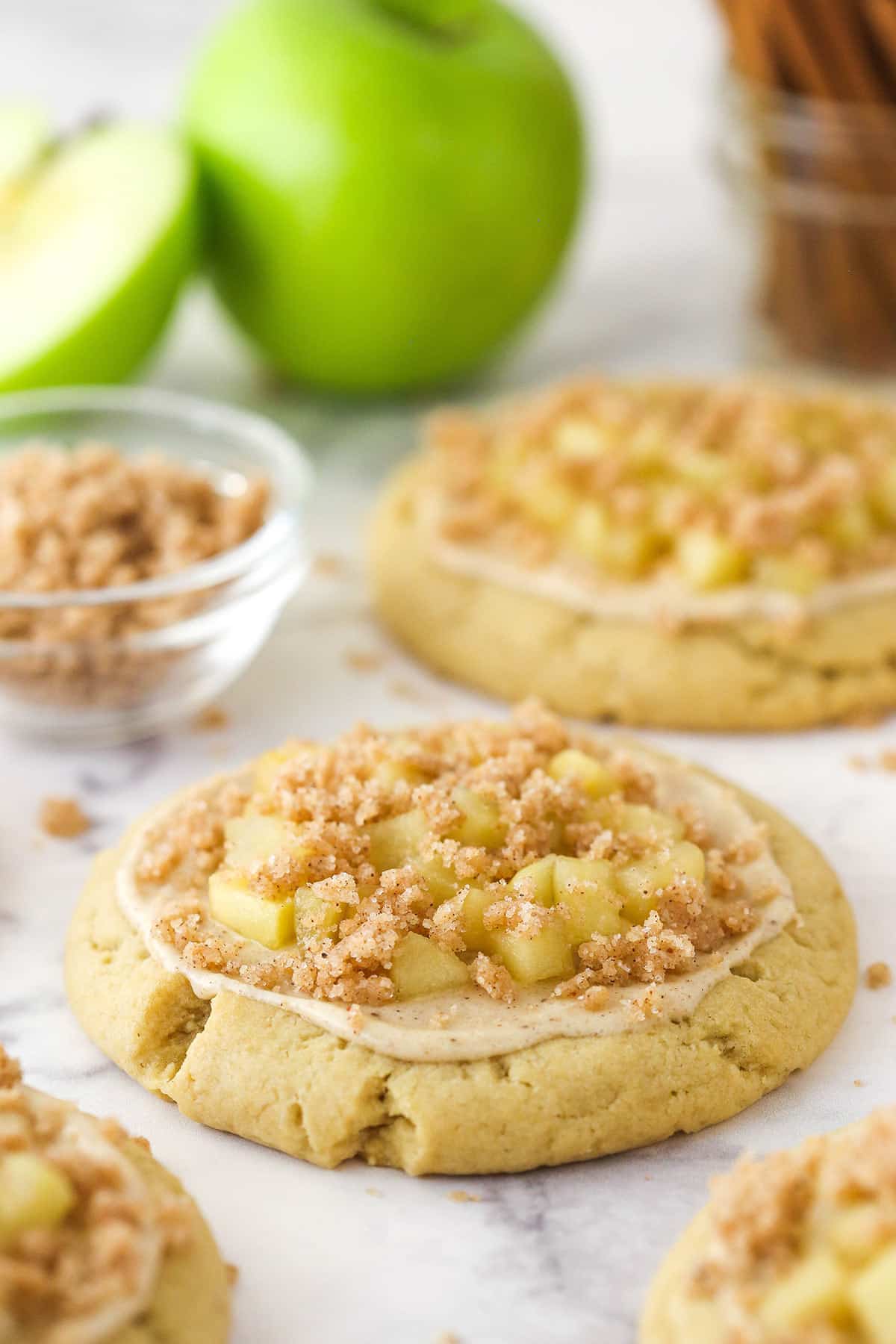 Close up of a Copycat Crumbl Apple Crumb Cake Cookie.