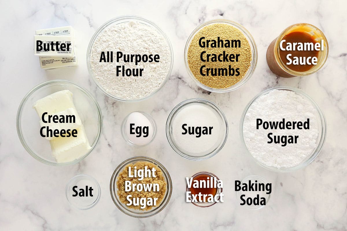 Ingredients for salted caramel cheesecake cookies.