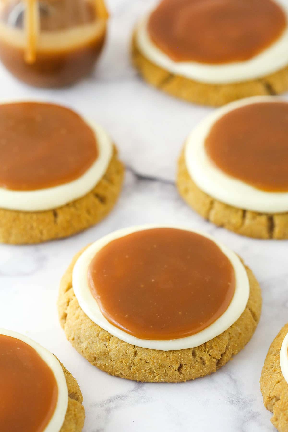 Overhead image of salted caramel cheesecake cookies.