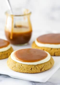 Salted caramel cheesecake cookies ready to be eaten.