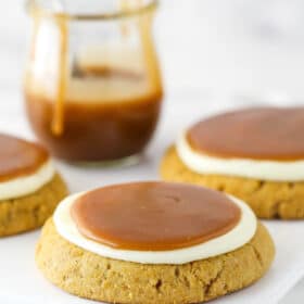 Salted caramel cheesecake cookies ready to be eaten.
