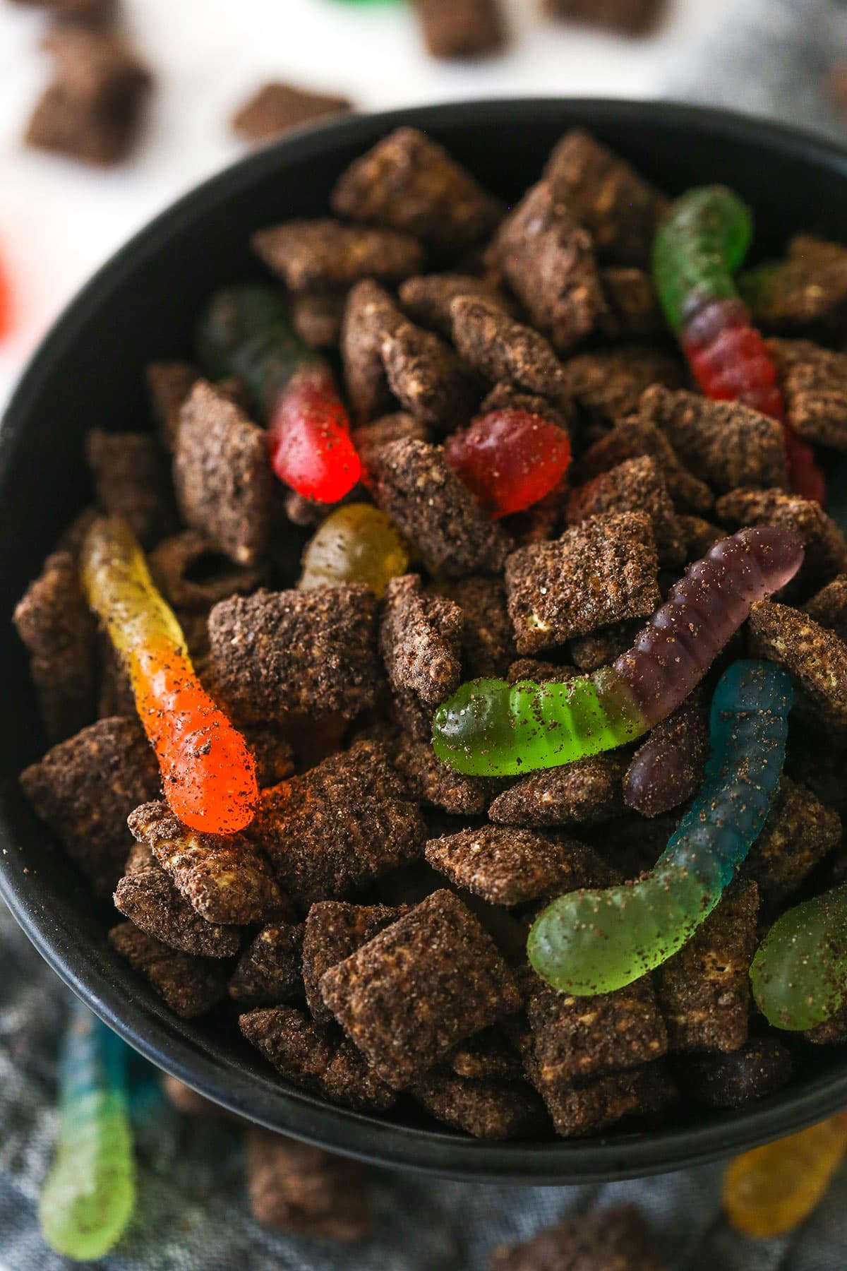 Top view of a black bowl full of Dirt and Worms Puppy Chow.