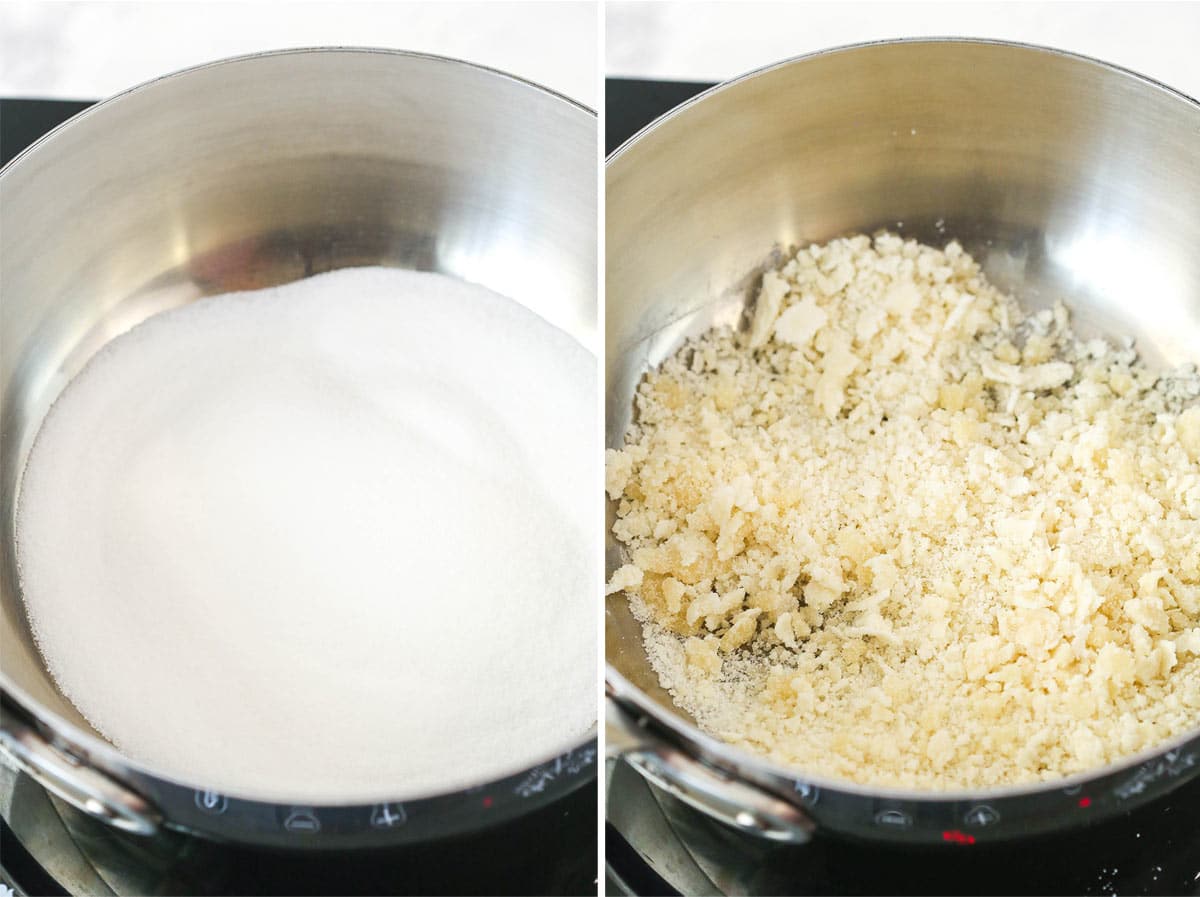 Side-by-side images of sugar undergoing the dry melting process.