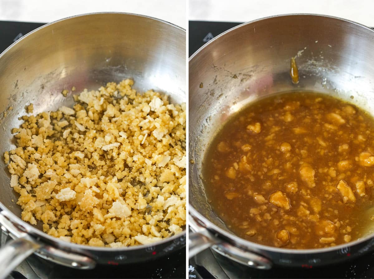 Side-by-side images of sugar in a pot going from clumpy to almost melted.