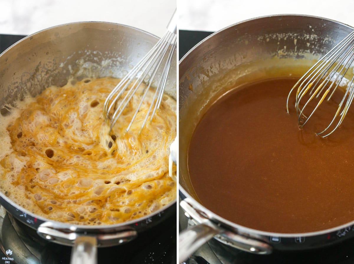 Whisking heavy cream into hot melted sugar and butter to make caramel sauce.
