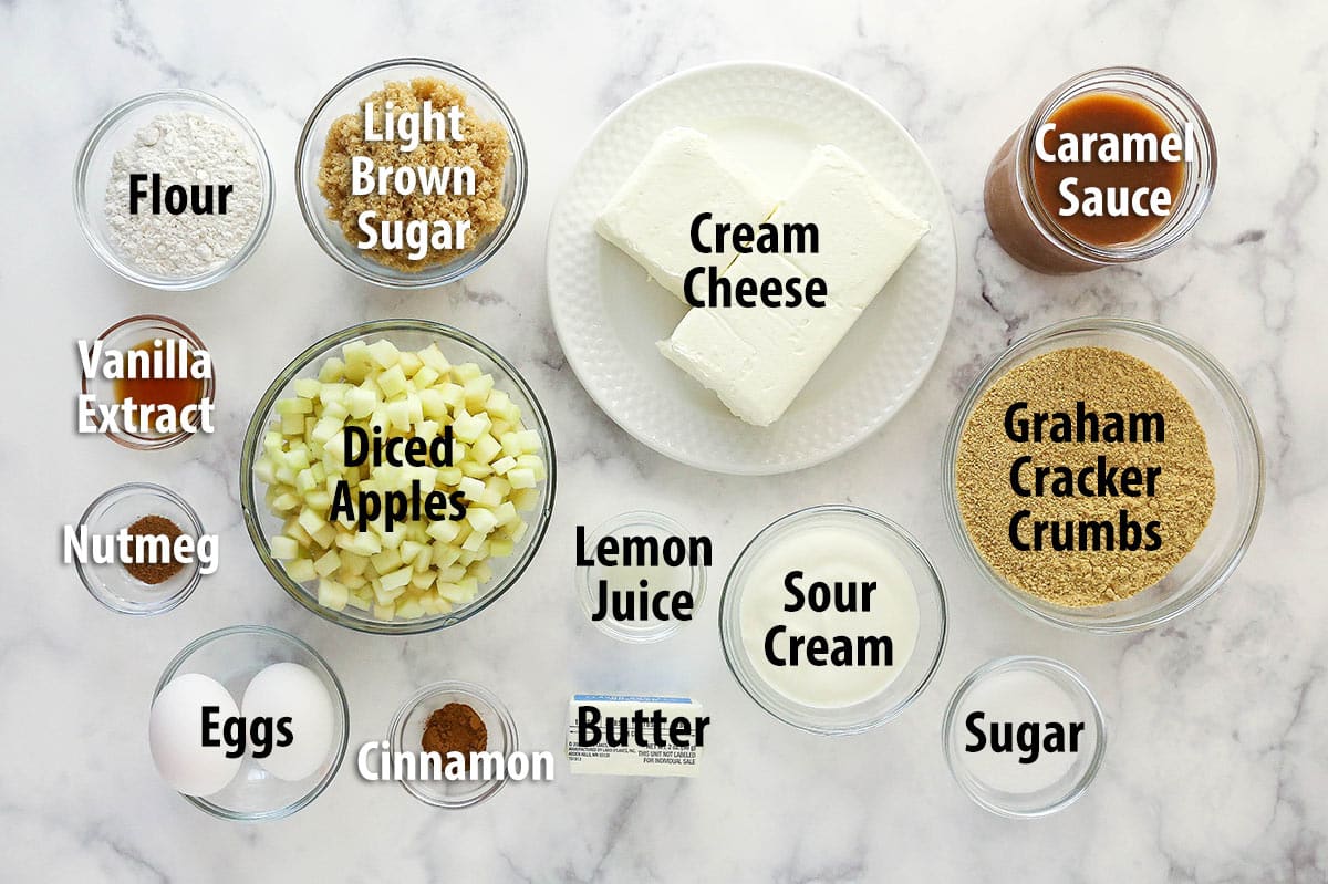 Ingredients for mini caramel apple cheesecakes.