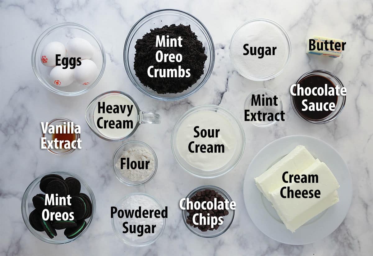 Ingredients for mint Oreo cheesecake.