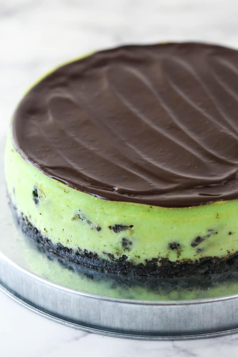 Chocolate ganache spread over mint Oreo cheesecake.