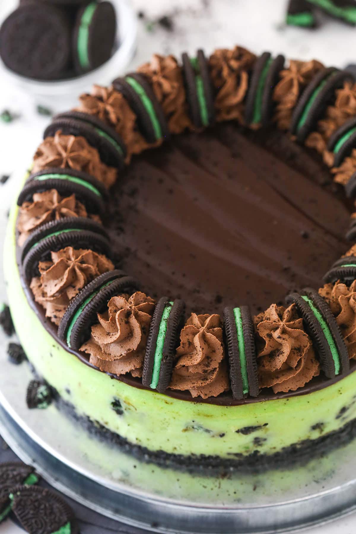 Overhead image of mint Oreo cheesecake.