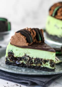 A slice of mint Oreo cheesecake.