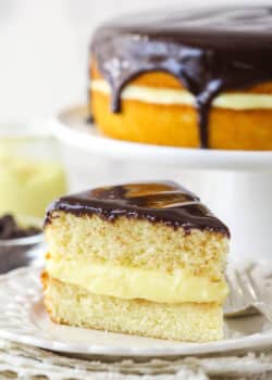 A slice of Boston cream pie on a plate with a fork.