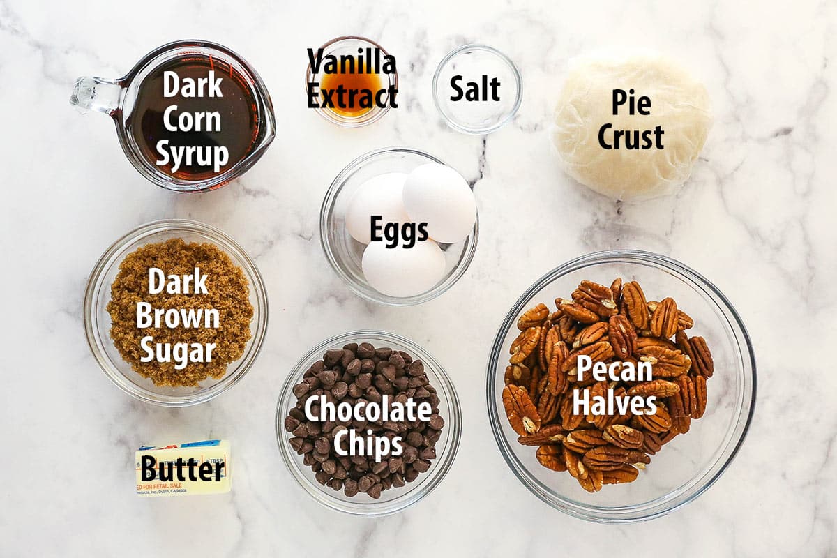 Ingredients for chocolate pecan pie.