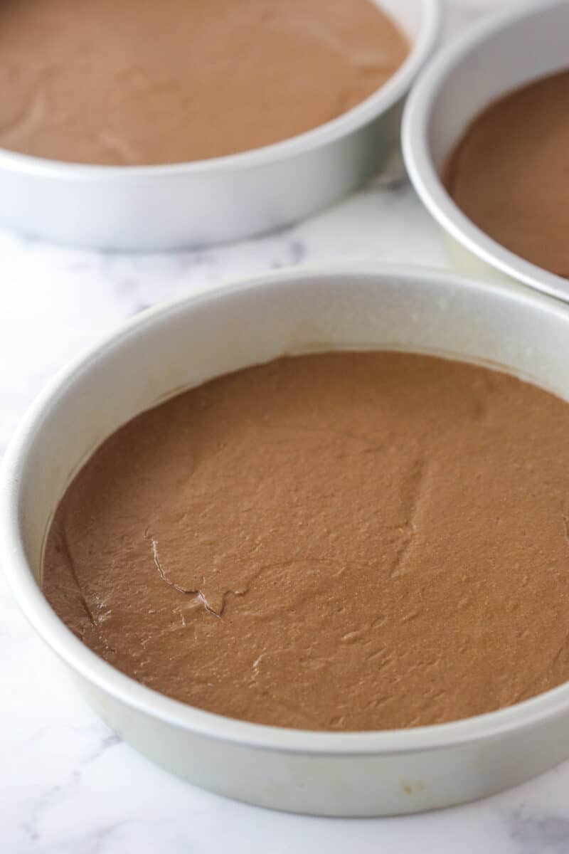 German chocolate cake batter in 3 cake pans ready to be baked.