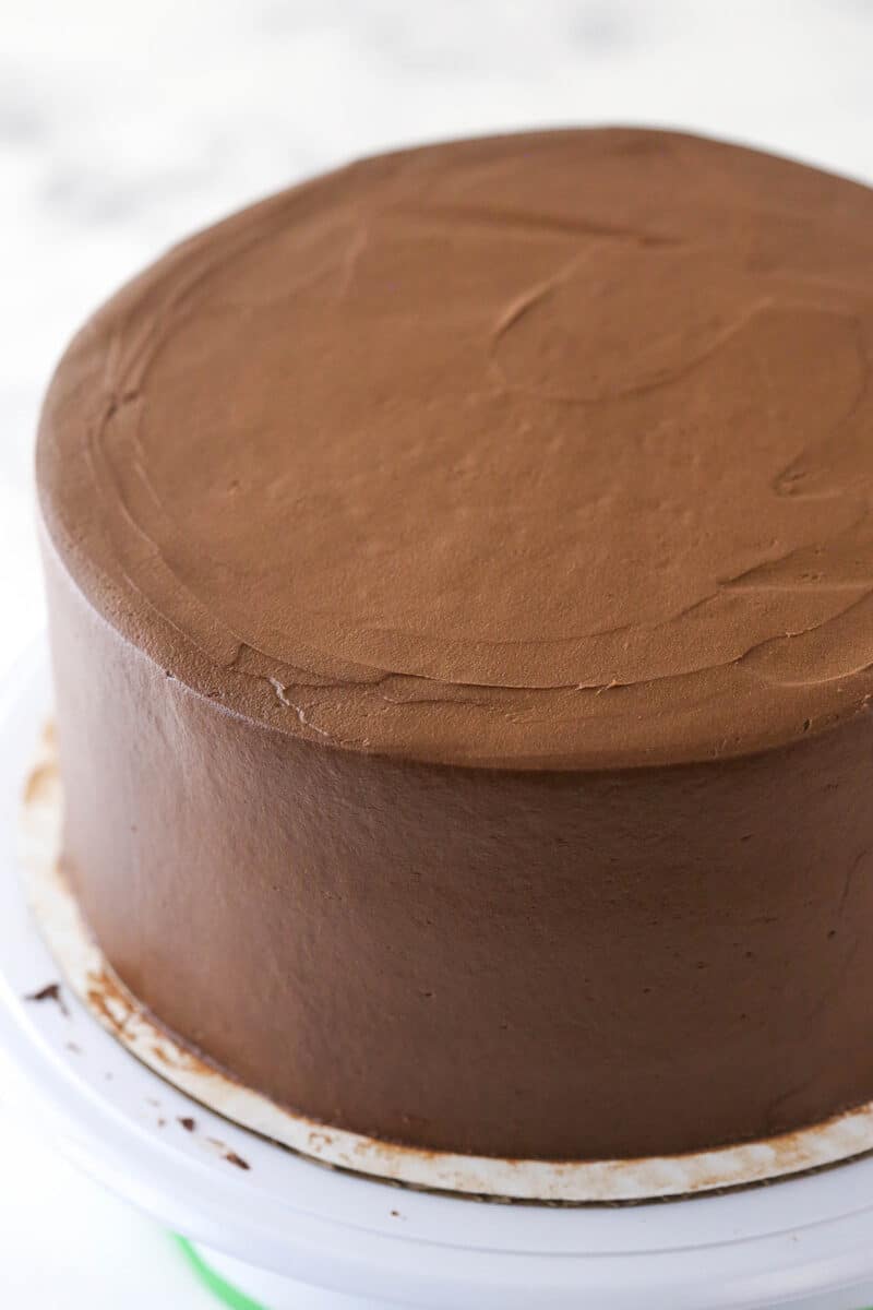 German chocolate cake frosted with chocolate buttercream.