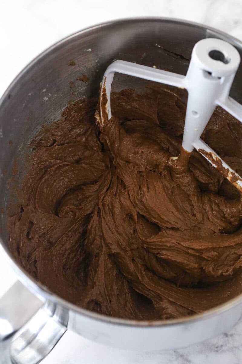 Adding melted chocolate to cake batter.