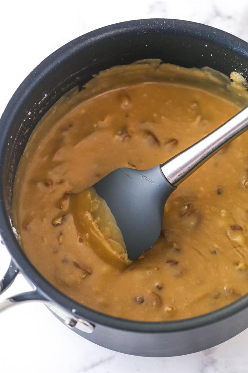 Praline frosting in a saucepan.
